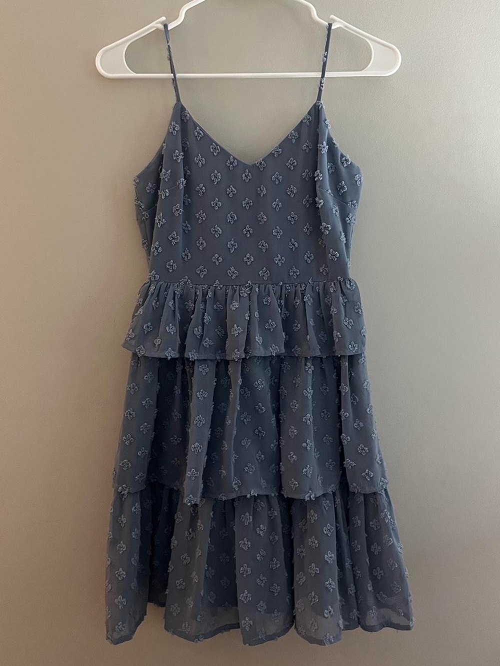 Altar'd State Dusty Blue Tiered Eyelet Spaghetti Strap Mini Dress - Picture 1 of 5
